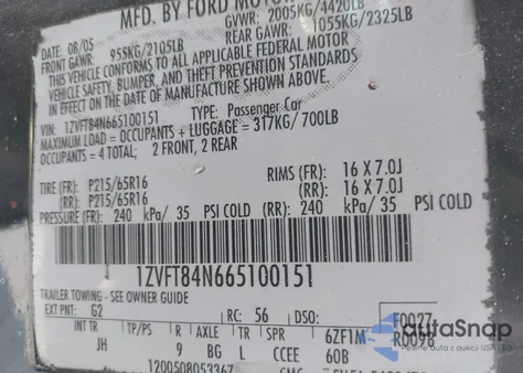 2006 Ford Mustang V6 z USA, uszkodzony, nr VIN 1ZVFT84N665100151